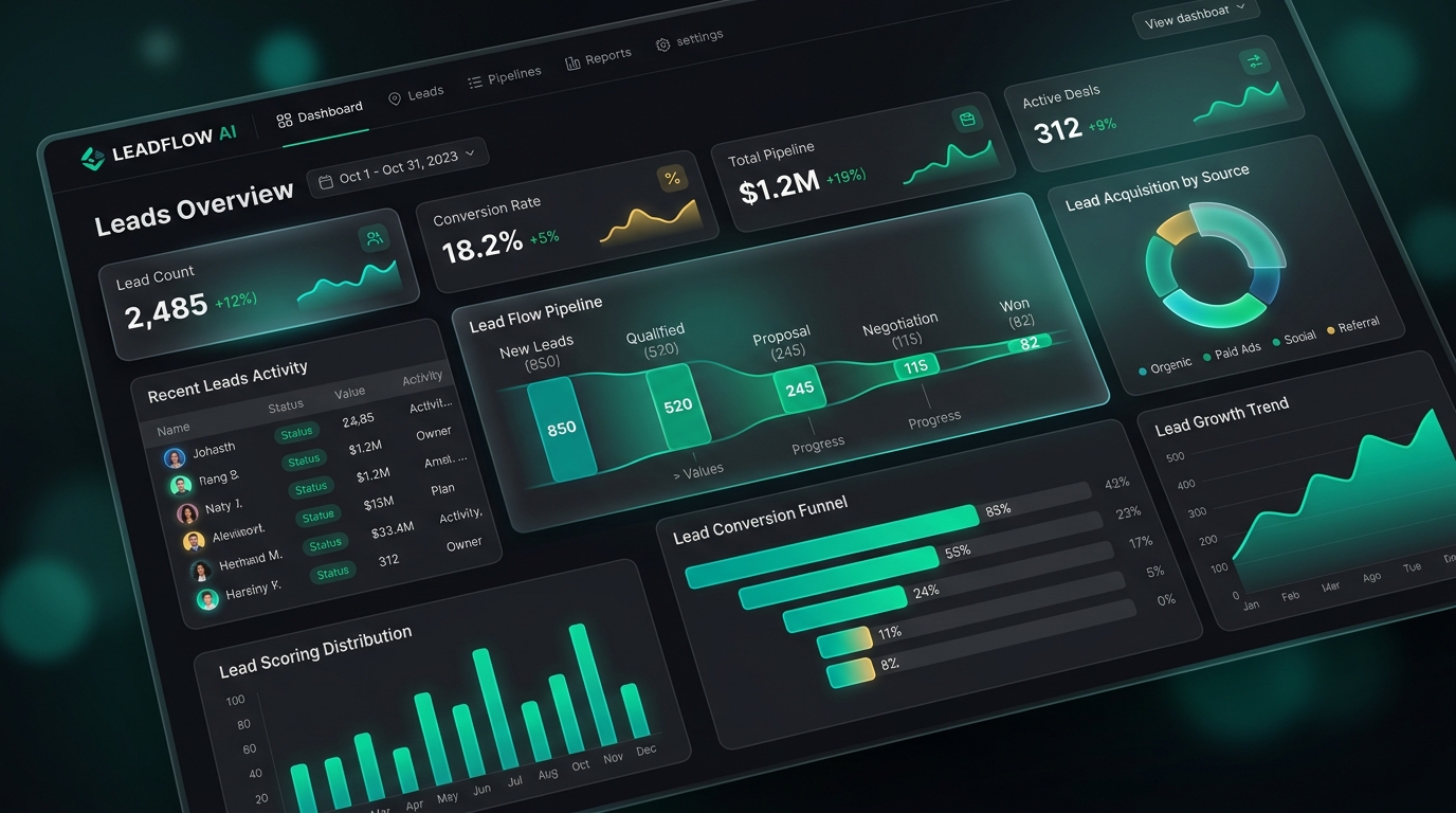 Lead Manager Analytical Workspace Dashboard showing lead volumes, conversion rates, and acquisition pipeline metrics